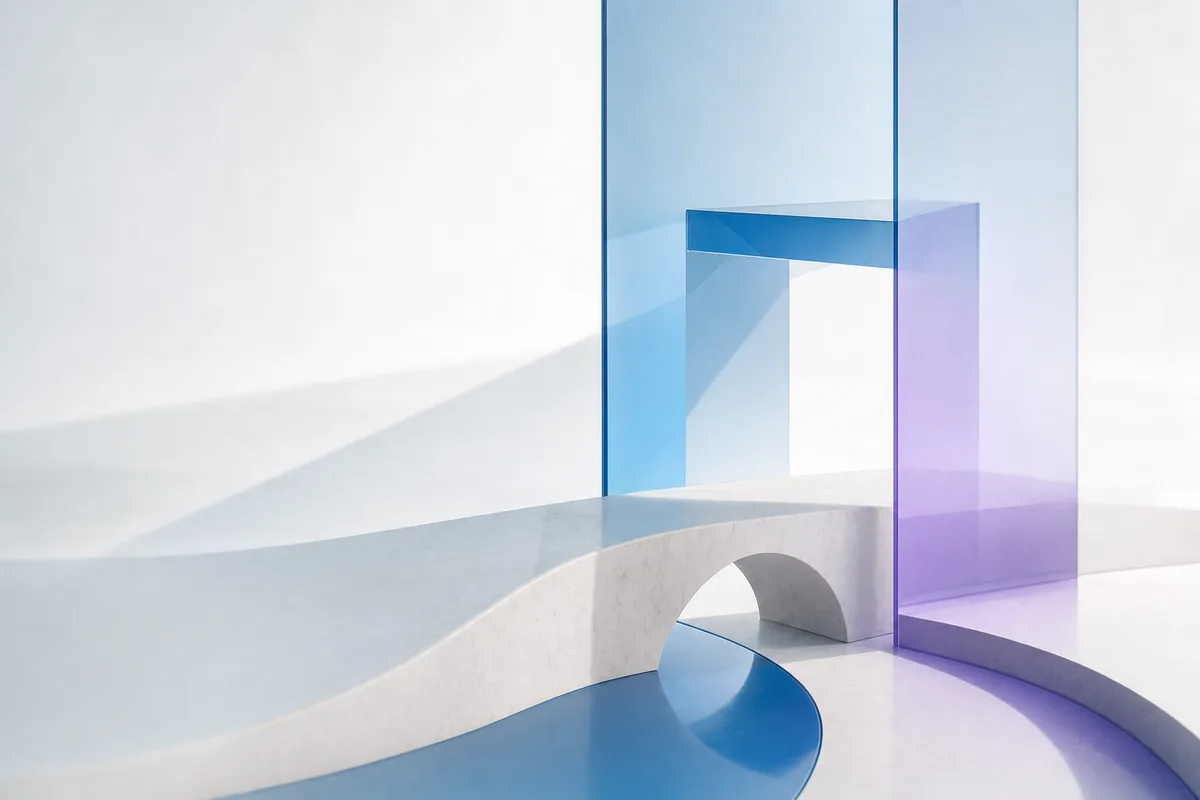 A modern healthcare reception area with staff assisting patients while an abstract voice assistant presence is suggested through soft ambient lighting